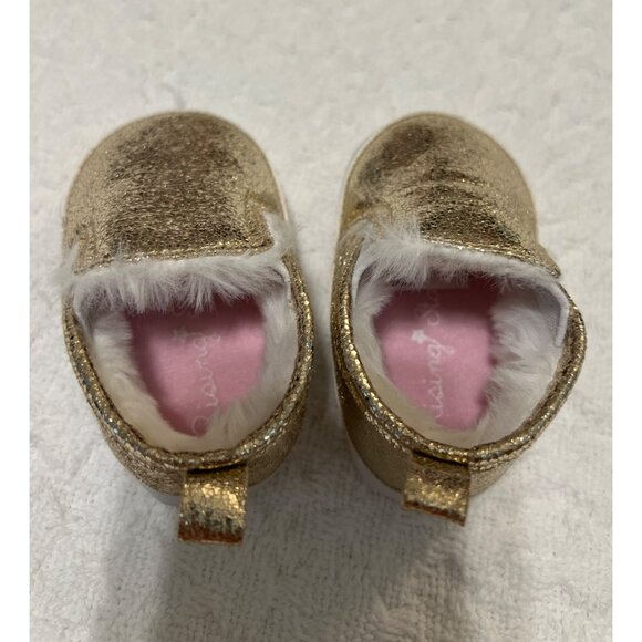 Shiny Gold Baby Crib Shoes With Faux Fur Lining & Soft Sole 3-6 months - Picture 3 of 5